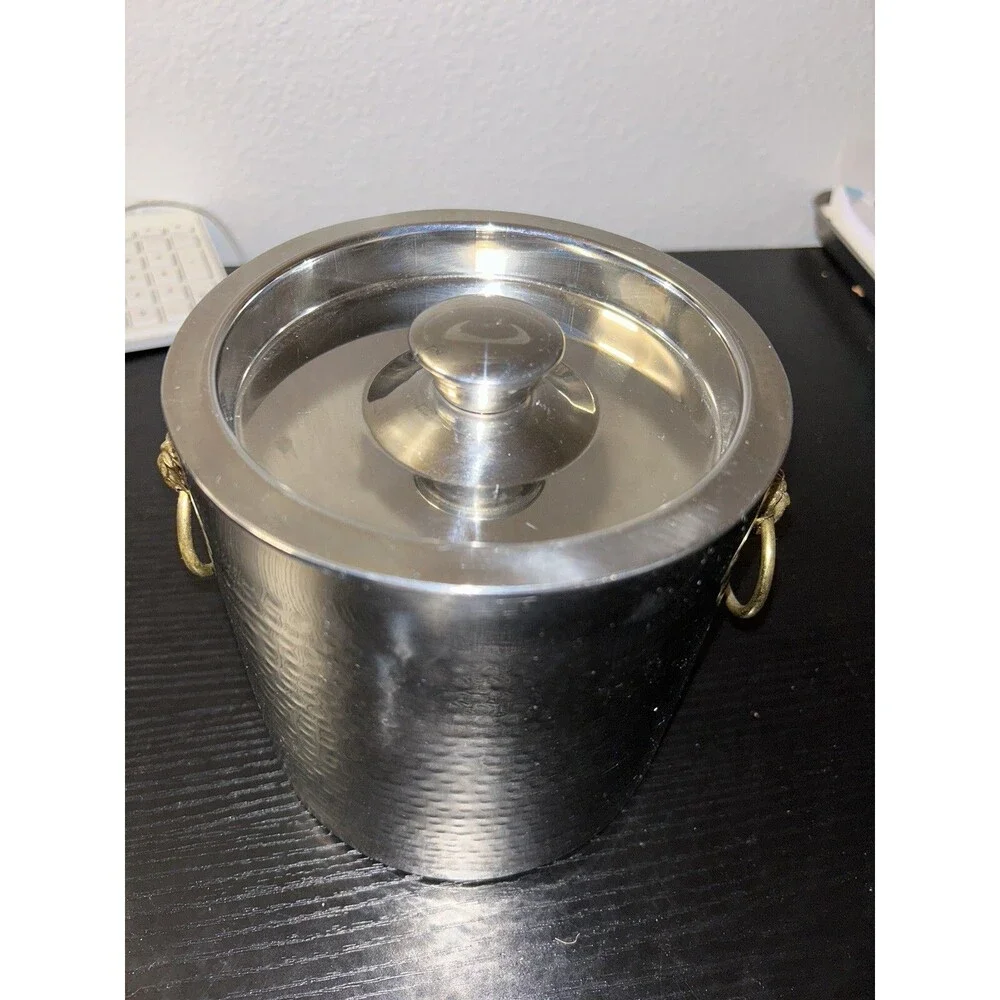 SMALL HAMMERED ICE BUCKET WITH BRASS LIONHEADS